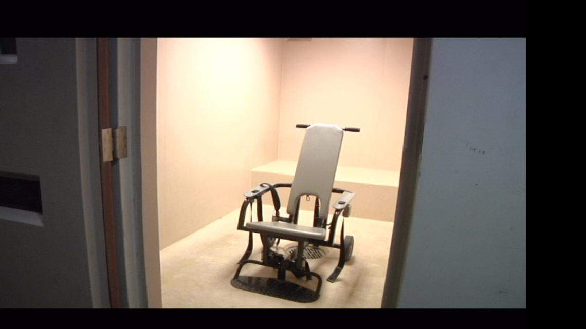 
This screengrab from a Guantánamo public affairs handout video shows the chair used to strap in and force-feed hunger-striking detainees. It is in this instance parked inside a cell at the Behavioral Health Unit, the military’s name for the prison’s psychiatric ward.
