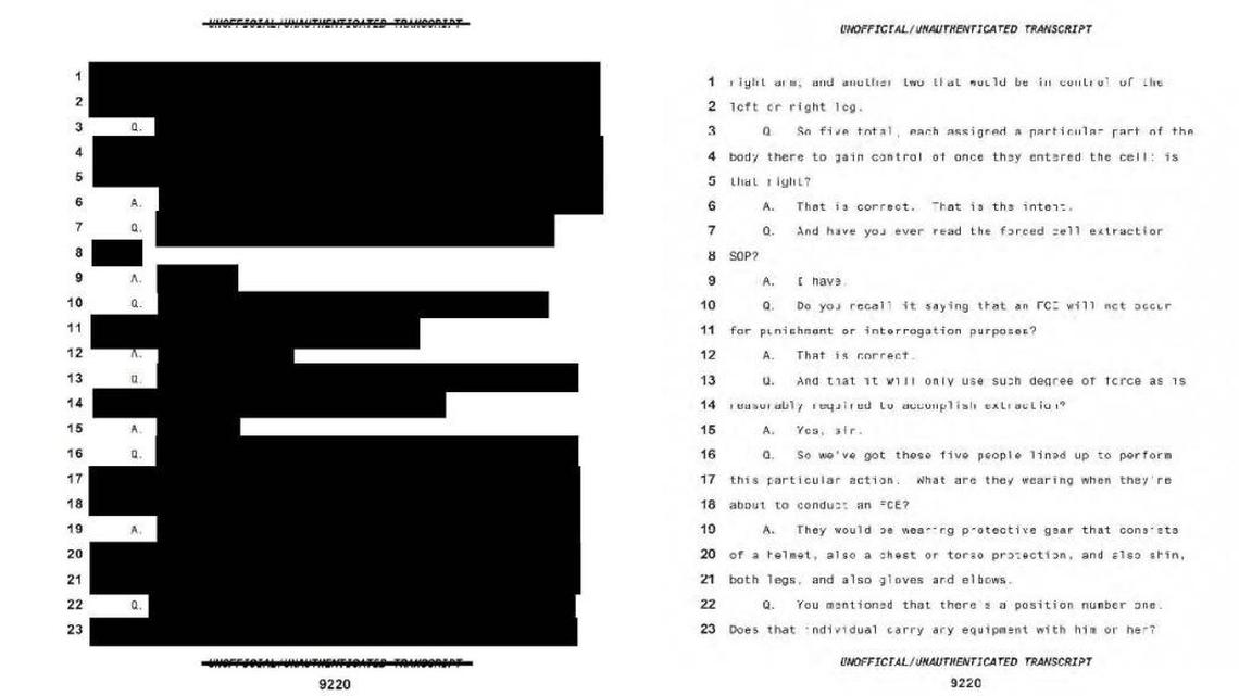 The original transcript of public testimony shielded a description of how to do a Forced Cell Extraction, something any prisoner who has been FCE-ed knows. An updated version submitted to the judge before he ruled declassified it.
