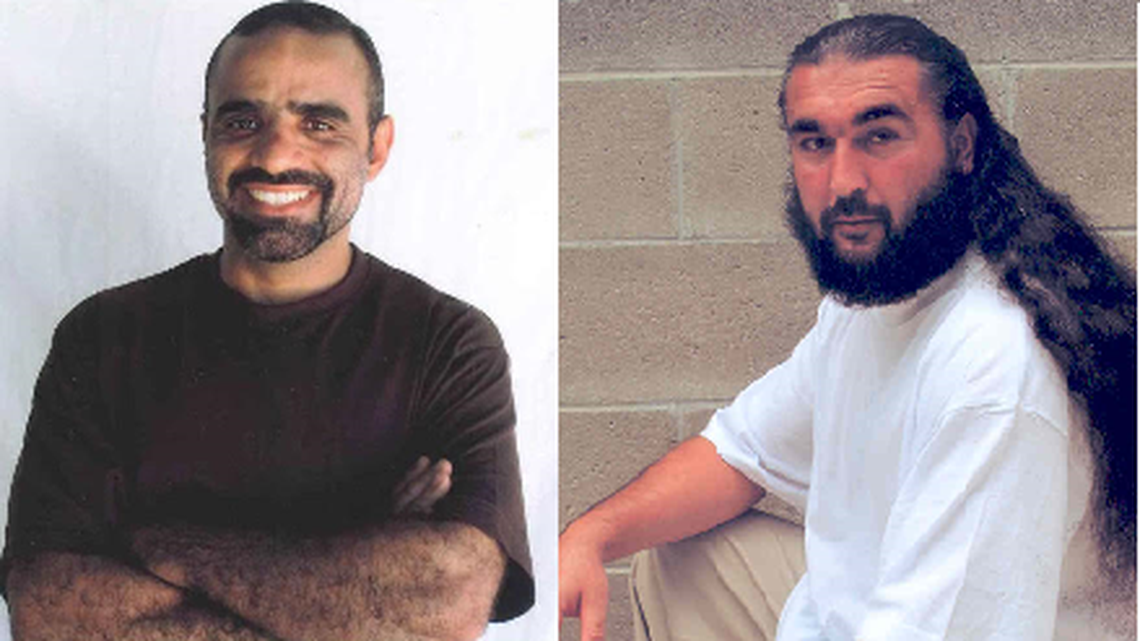 From left, Mansoor al Dayfi, a Yemeni, and Umar Abdulayev, a Tajik, who were taken to Guantánamo Bay from Afghanistan on the same day, Feb. 9, 2002 pose for the International Committee of the Red Cross in separate undated photos provided by their attorneys.