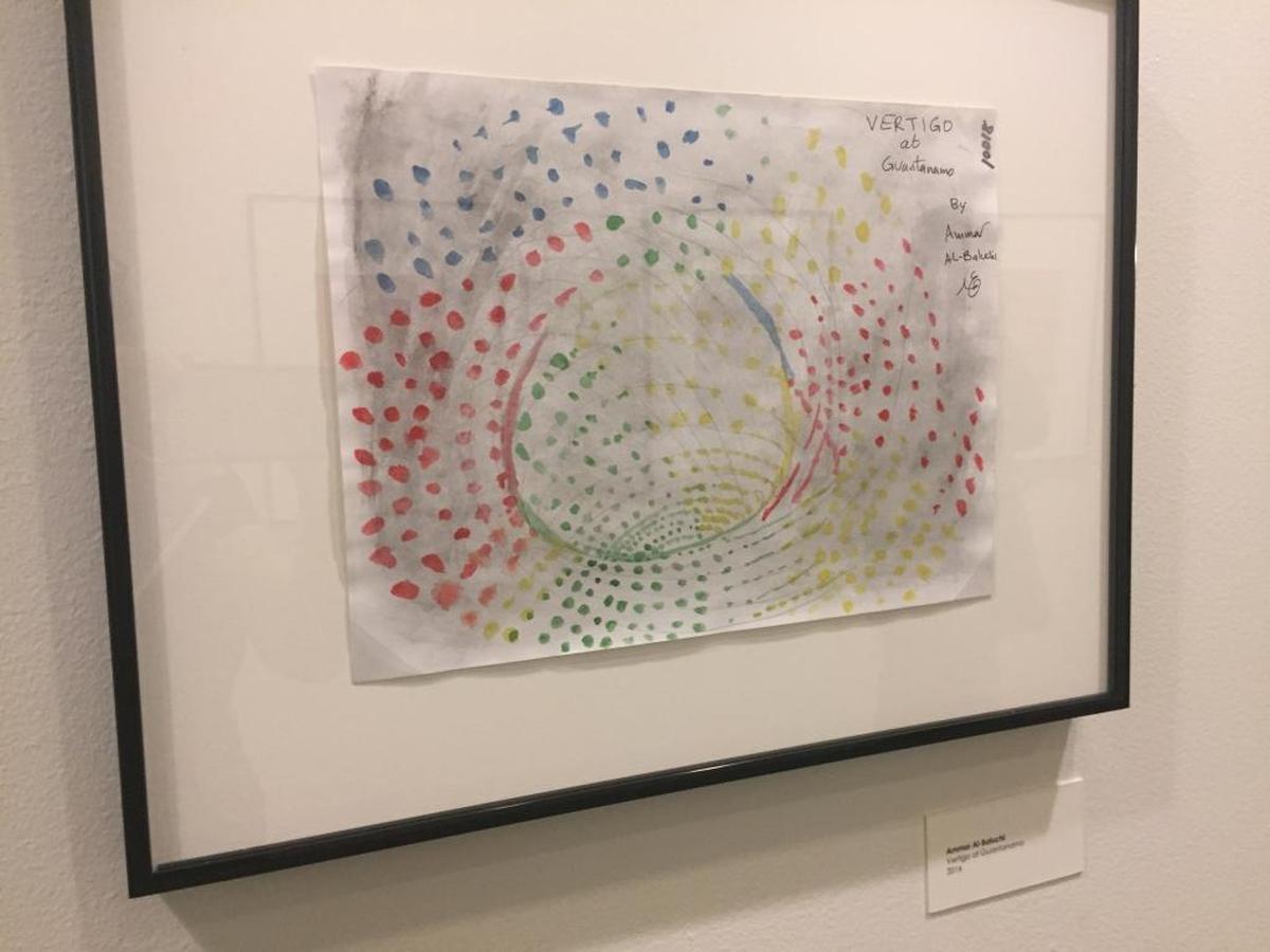 ‘Vertigo at Guantánamo,’ a 2016 watercolor by former CIA captive Ammar al Baluchi, was on display Oct. 25, 2017, in an exhibit called Ode to the Sea at the John Jay College of Criminal Justice.