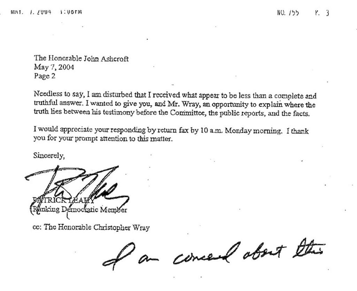 Page 2 of a May 7, 2004 letter by Sen. Patrick Leahy to then Attorney General John Ashcroft protesting testimony by Christopher Wray to then Attorney General John Ashcroft.