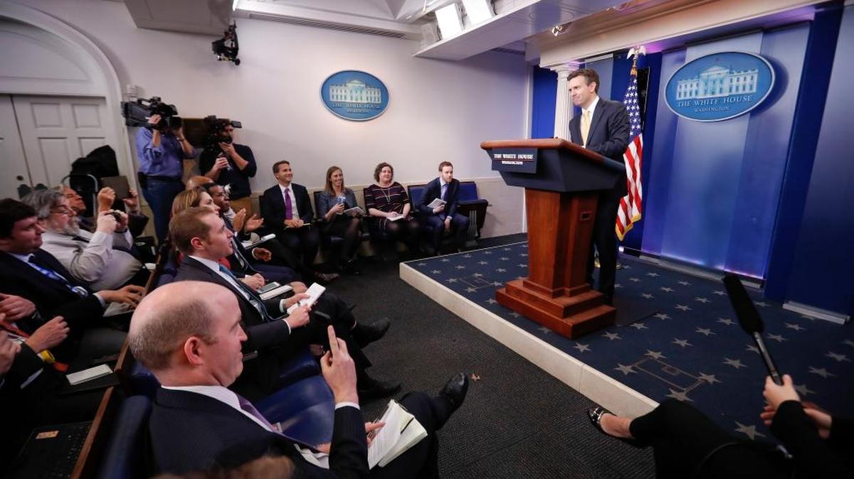 White House press secretary Josh Earnest concludes his final daily press briefing, Tuesday, Jan. 17, 2017, in the briefing room of the White House in Washington.