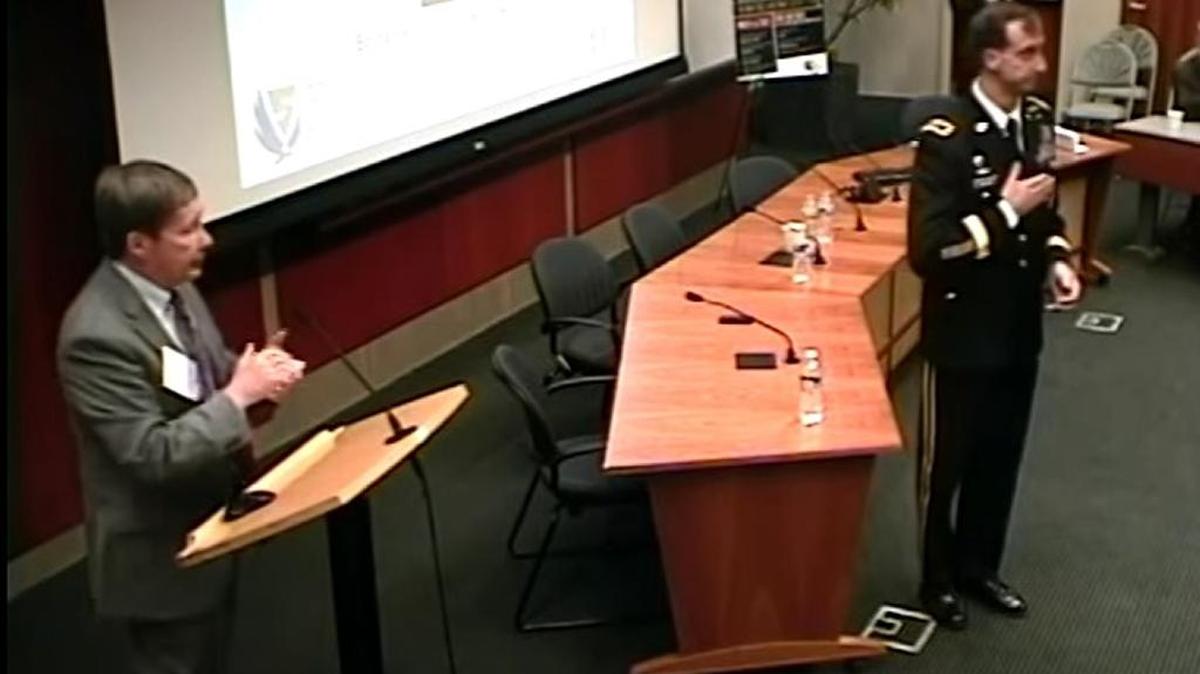 At right, Army Brig. Gen. Mark Martins, on March 1, 2013 as keynote speaker at a Duke Law, Ethics and National Security Conference.