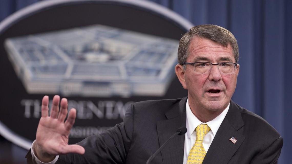 
Defense Secretary Ash Carter speaks during a news conference at the Pentagon, Thursday, Aug. 20, 2015. 
