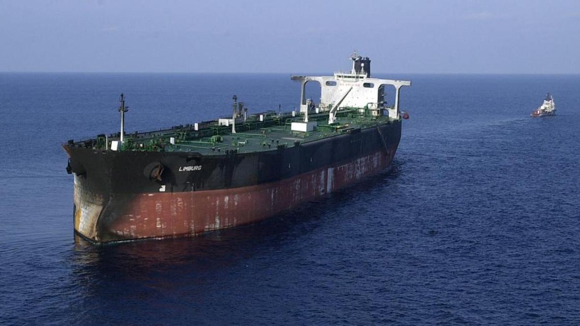 The French oil tanker Limburg is seen two days after an explosion ripped through its hold off the coast of Yemen, about 3 miles from the port of Mina al-Dabah, 496 miles southeast of the capital San’a, Tuesday, Oct. 8, 2002.