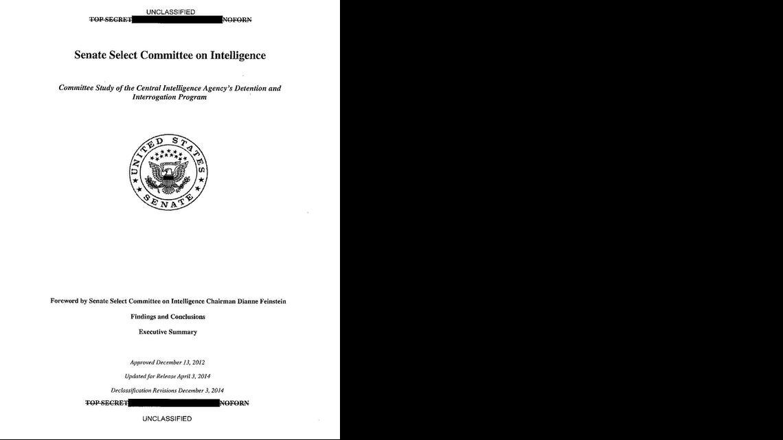 
This is a copy of the cover of the CIA torture report released by Senate Intelligence Committee Chair Sen. Dianne Feinstein D-Calif., Tuesday, Dec. 9, 2014. U.S. Senate investigators delivered a damning indictment of CIA interrogations Tuesday, accusing the spy agency of inflicting suffering on prisoners beyond its legal limits and peddling unsubstantiated stories that the harsh questioning saved American lives. 
