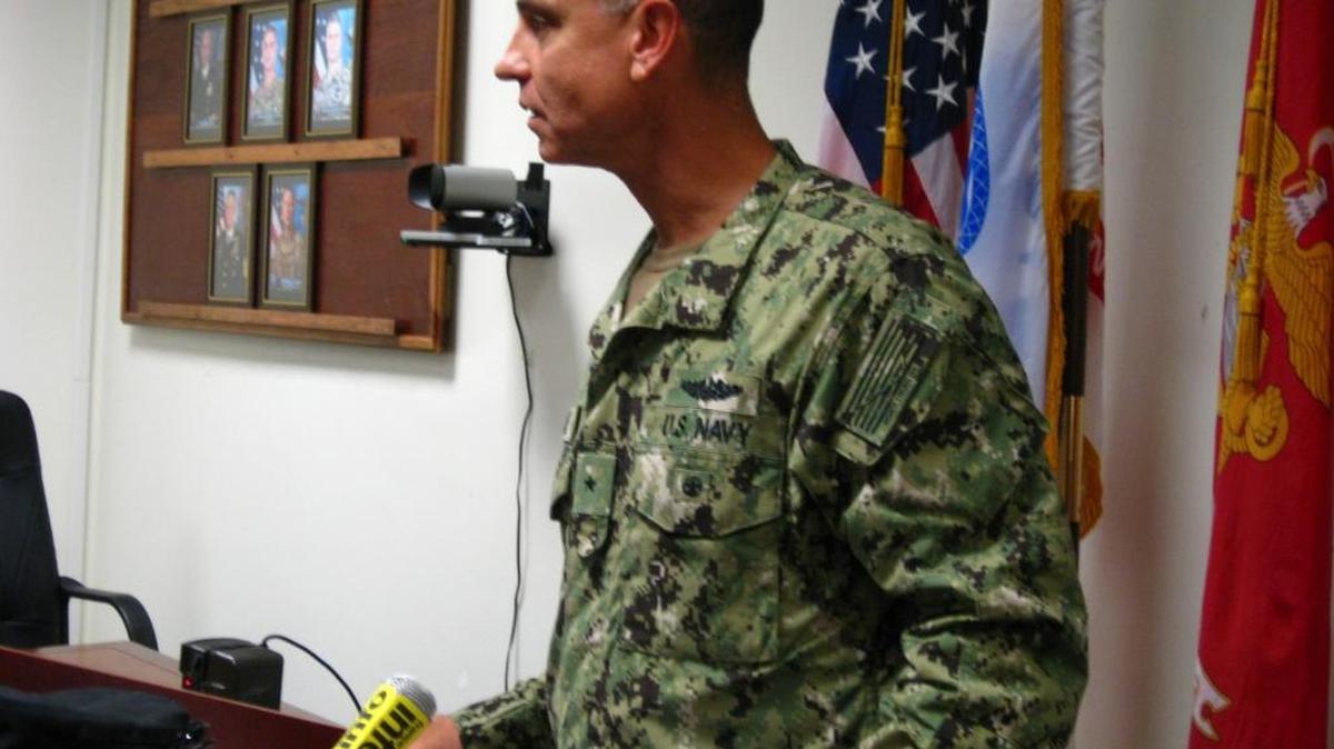 Navy Rear Adm. Peter Clarke, the 16th commander of Guantánamo detention operations, holding a press conference at his headquarters on May 24, 2016 in a photo approved for release by his Public Affairs staff.