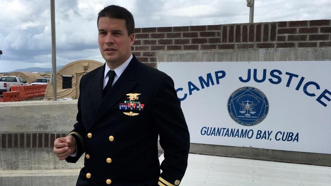 Attorney Navy Lt. Alaric Piette, with his SEAL trident topping his uniform, at the U.S. Navy base at Guantánamo Bay, Cuba, on Nov. 3, 2017.