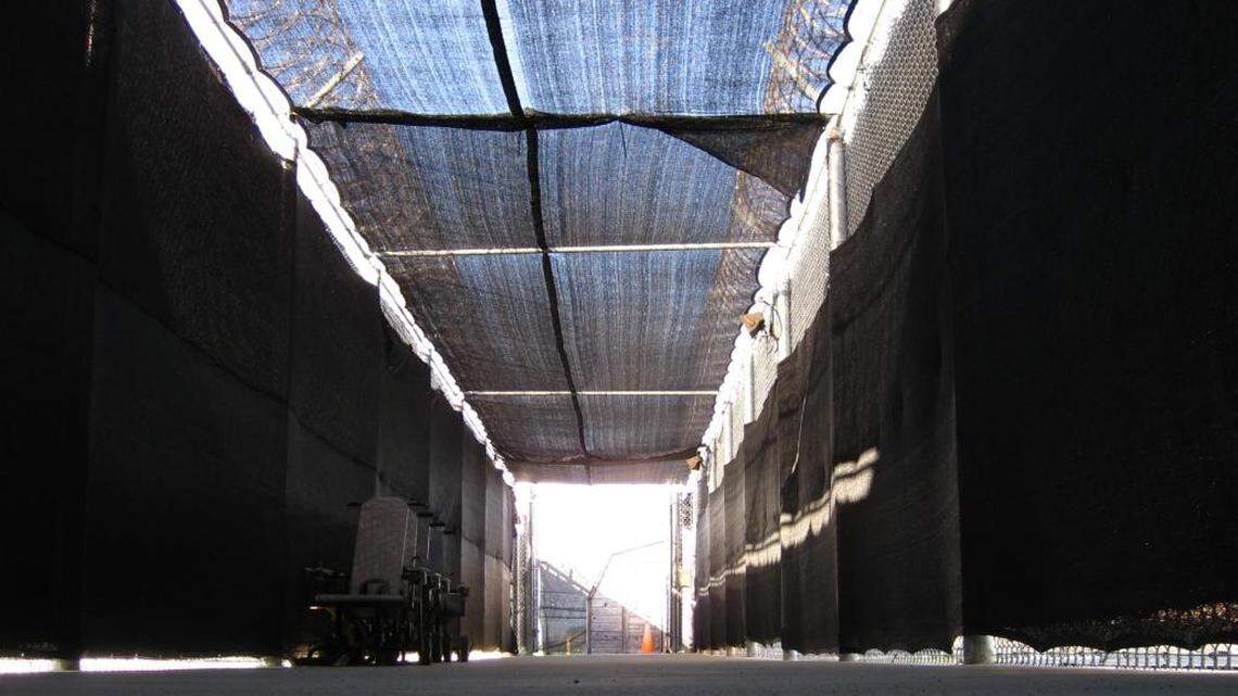 A military approved view of the path between the holding cells and the courtroom at the Expeditionary Legal Compound at Camp Justice, U.S. Navy base, Guantánamo Bay, Cuba on Dec. 3, 2016