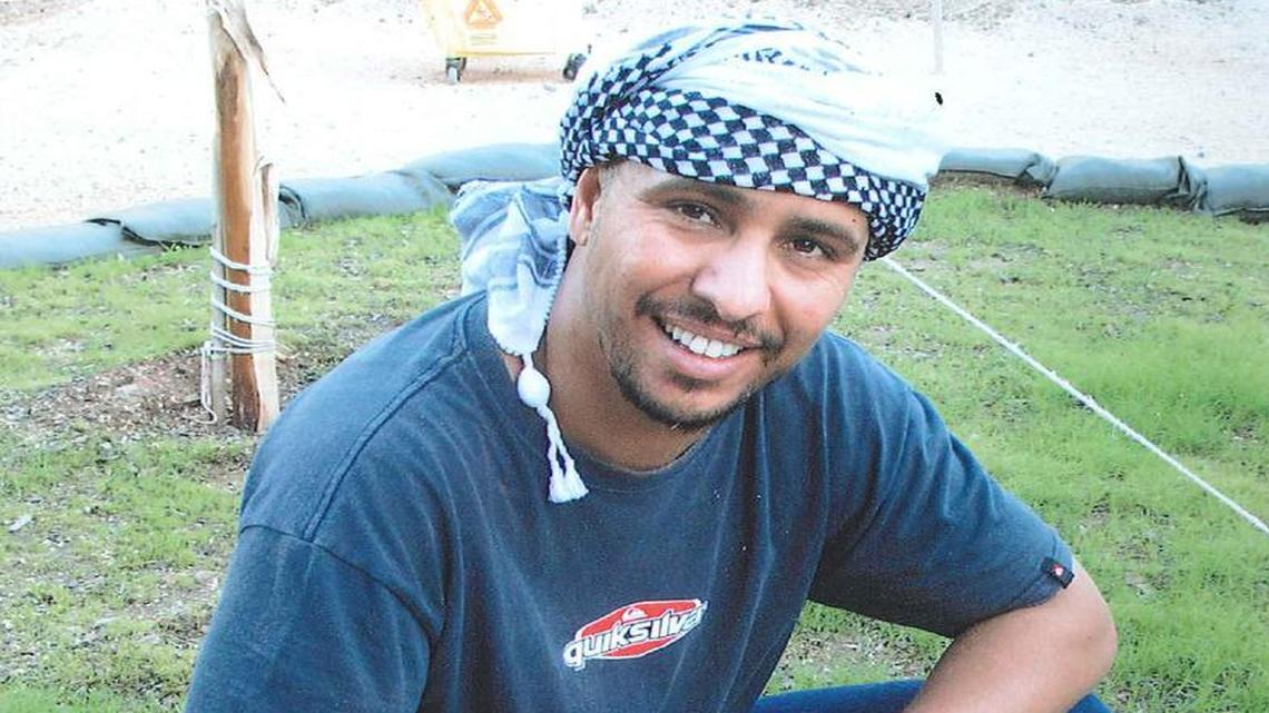 
Mohamedou Ould Slahi posing for the International Red Cross at Guantánamo, probably in 2009.
