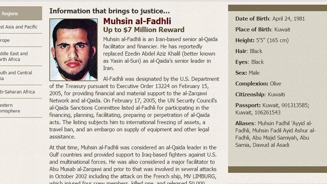 A portion of U.S. Department of State wanted poster for Muhsin al Fadhli before he was killed in a 2015 drone strike.