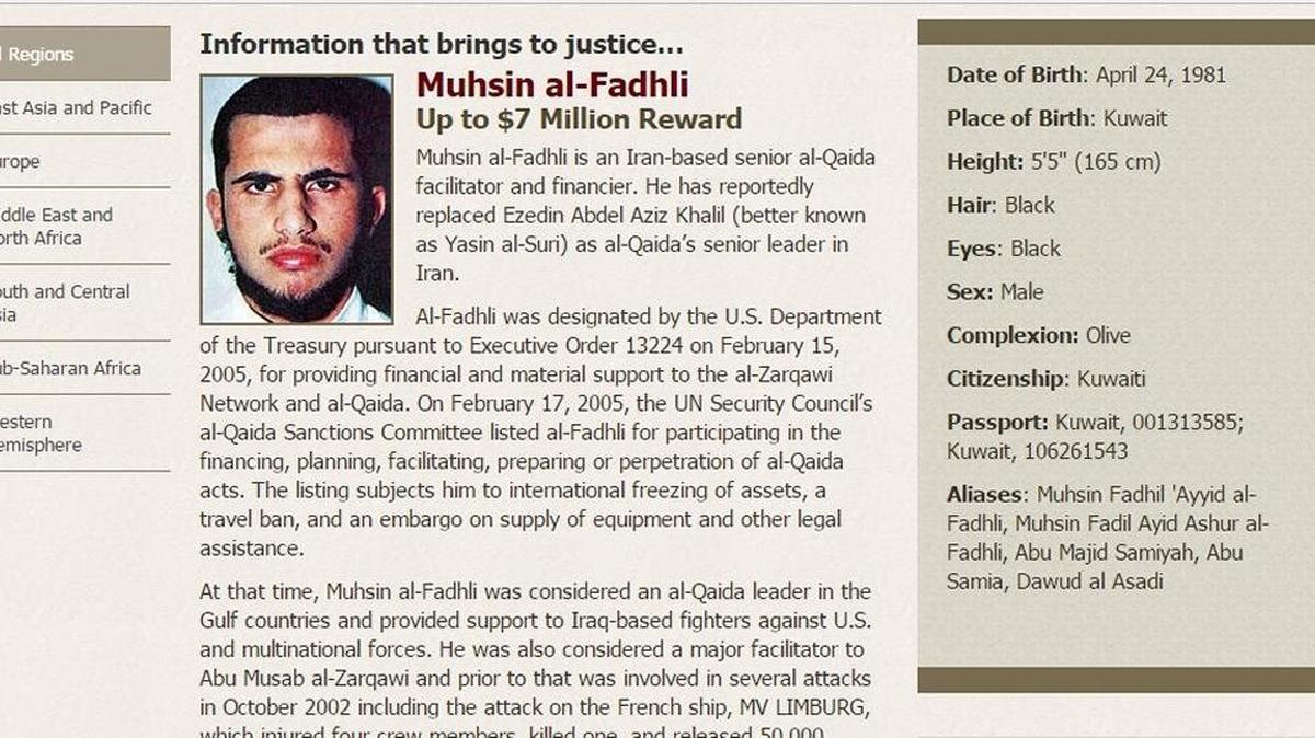 A portion of U.S. Department of State wanted poster for Muhsin al Fadhli before he was killed in a 2015 drone strike.