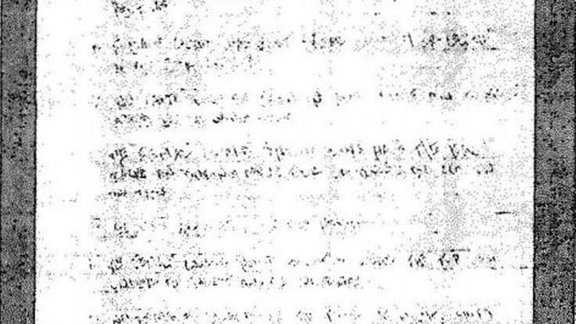 A handwritten letter by alleged Sept. 11 plotter Ramzi bin al Shibh to a Massachusetts National Guard lieutenant colonel, as it appeared in the war court record before the trial judge sealed it. Prosecutor Clay Trivett described it as Bin al Shibh’s “misogynistic rantings.”