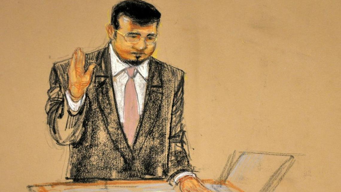 Maryland-educated Majid Khan, then 32, pleads guilty at the U.S. Navy base at Guantánamo Bay, Cuba, on Feb. 29, 2012, in this courtroom sketch by artist Janet Hamlin that was approved for release by a court security officer.