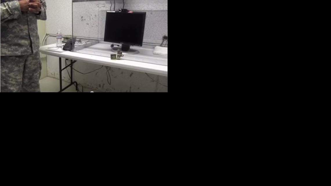 
In March 2014, a soldier showed reporters the cell at Guantánamo Camp Echo where most of the 148 captives are allowed to have real time video chats with family.
