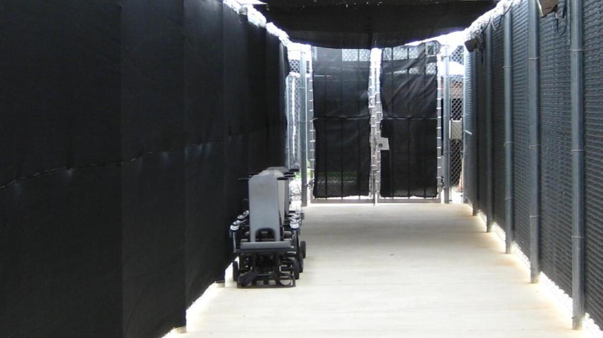 Restraint chairs at the ready outside the war court on June 9, 2014 at the U.S. Navy base at Guantánamo Bay, Cuba, in a photo cleared for release by the U.S. military.