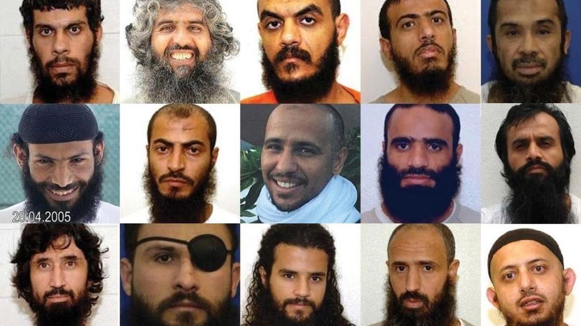 Top row from left: Yemeni Mohammed Ghanem, Afghan Haji Hamidullah, Saudi Abdul Rahman Shalabi, Yemeni Ayyub Ali Salih, Indonesian Riduan Isomuddin. Middle Row​: Yemeni​ Yassin Qasim, Yemeni Abdu Ali al Hajj Sharqawi, Mauritanian Mohamedou Ould Slahi, Yemeni Mansoor al Dayfi, Saudi Mohammed al Qahtani. Bottom, from left, Russian Ravil Mingazov, Palestinian Abu Zubaydah, Yemeni Salman Rabei’i, Moroccan Abdul Latif Nasir, Yemeni Omar Mohammed al Rammah.