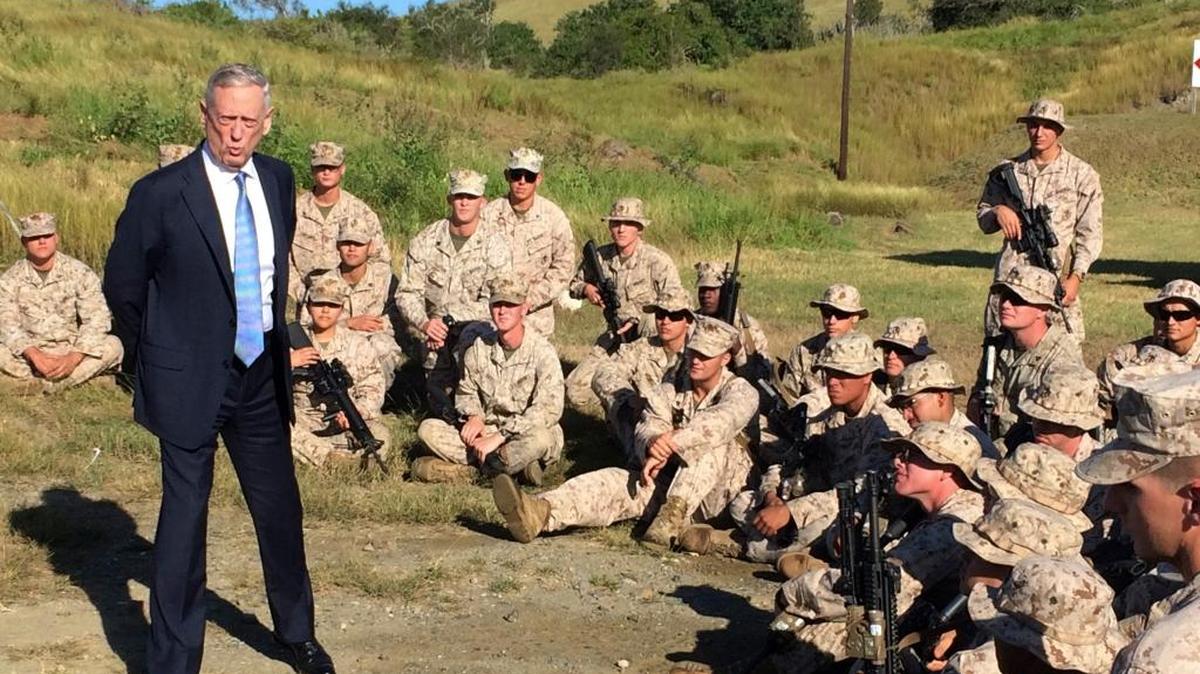 Defense Secretary Jim Mattis talks to U.S. Marine Corps troops at a rifle range at the U.S. Navy base at Guantánamo Bay, Cuba, on Thursday, Dec. 21. 2017.