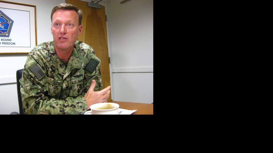 
Rear Adm. Kyle Cozad, commander of the Guantánamo Detention Center, speaking with reporters on Friday, Nov. 7, 2014.
