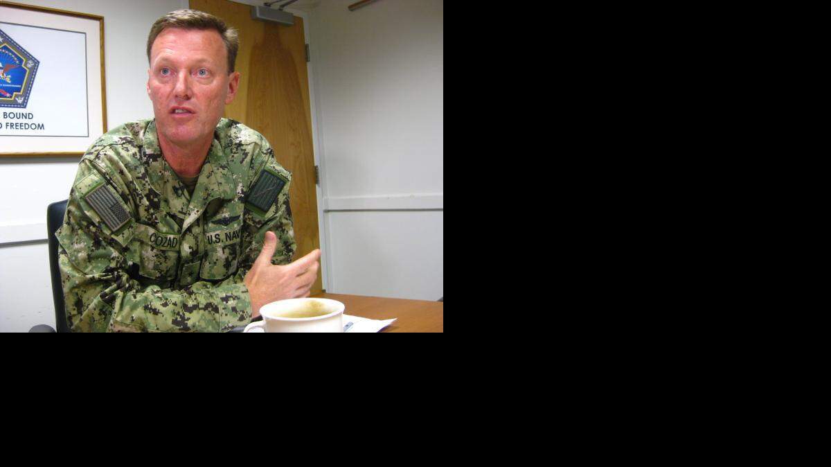 
Rear Adm. Kyle Cozad, commander of the Guantánamo Detention Center, speaking with reporters on Friday, Nov. 7, 2014.
