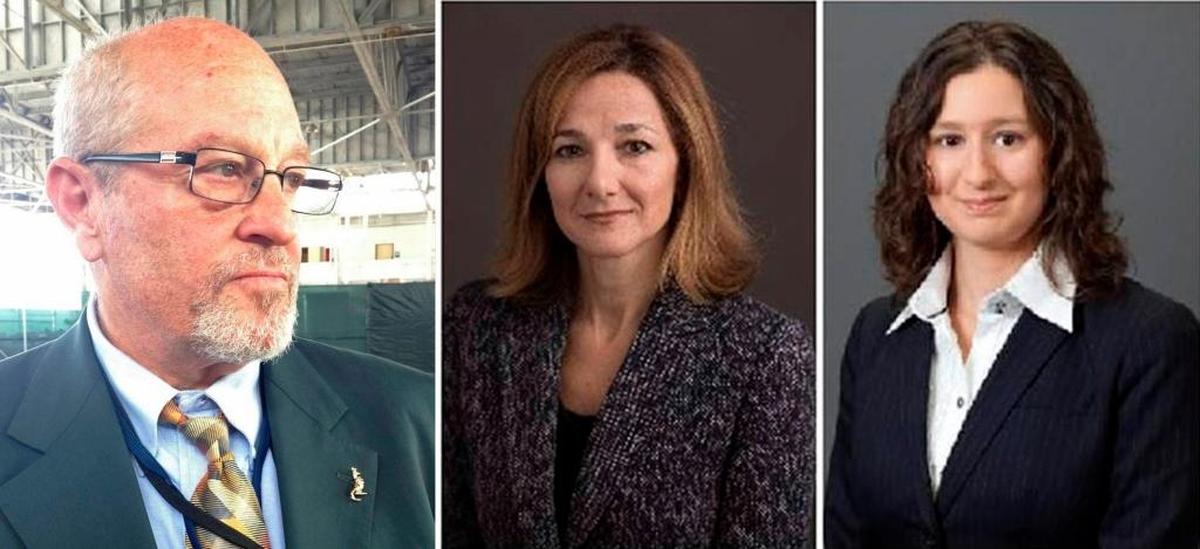 At left, resigned defense attorney Richard Kammen at Guantánamo’s Camp Justice on June 14, 2013, sporting a kangaroo lapel pin. At center and right, in courtesy photos, are attorneys Rosa Eliades and Mary Spears.