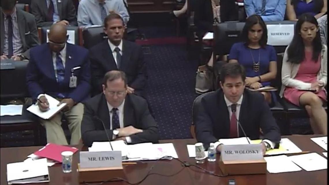 The Obama administration envoys for the closure of Guantánamo prison — the Pentagon’s Paul Lewis, left, and the State Department’s Lee Wolosky — testify before the House Foreign Relations Committee, Thursday, July 7, 2016.