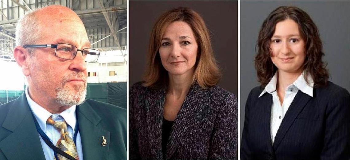 At left, resigned defense attorney Richard Kammen at Guantánamo’s Camp Justice on June 14, 2013, sporting a kangaroo lapel pin. At center and right, in courtesy photos, are attorneys Rosa Eliades and Mary Spears.