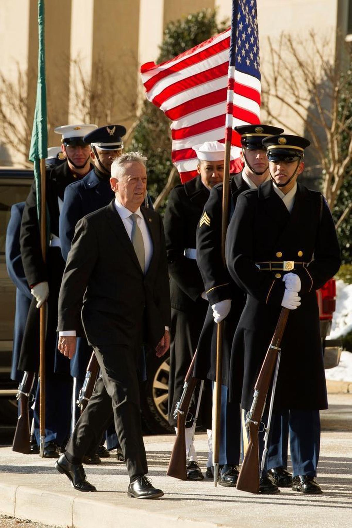 Defense Secretary Jim Mattis arrives to welcome Saudi Crown Prince Mohammed bin Salman to the Pentagon in Washington, Thursday, March 22, 2018.