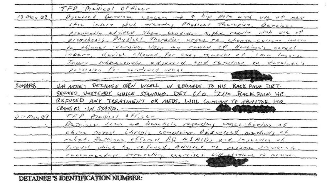 Three 2008 entries in the detainee’s Camp 7 healthcare record, two signed by the Task Force Platinum (TFP) medical officer show the captive complaining of pain but rejecting medication. The third entry by a Navy corpsman (HM) shows the captive ‘seemed unsteady while standing’ in his cell.
