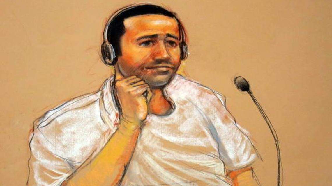 
This artist rendering by courtroom artist Janet Hamlin, reviewed by the U.S. military, shows Abd al Rahim al-Nashiri during his military commissions arraignment at the U.S. Navy base at Guantánamo Bay, Cuba on Nov. 9, 2011.
