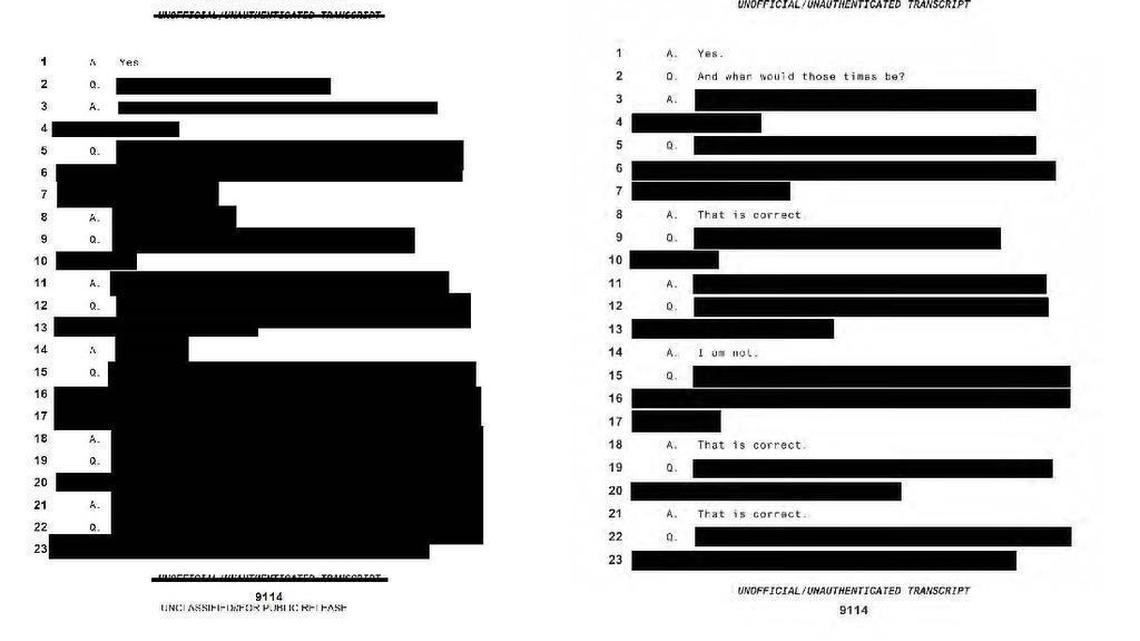 At left, the original censor’s redaction of a page in the transcript of a public war court hearing in the Sept. 11 case at Guantánamo on Oct. 30, 2015. Security officials reviewed their classifications of certain information and considered the questions still state secrets but not the replies, notably “That is correct.”