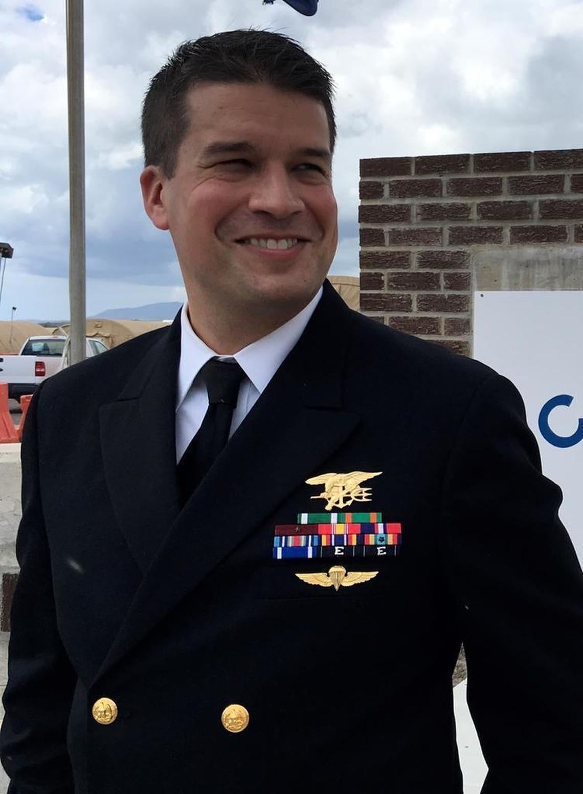 Attorney Navy Lt. Alaric Piette, with his SEAL trident topping his uniform, at the U.S. Navy base at Guantánamo Bay, Cuba, on Nov. 3, 2017.