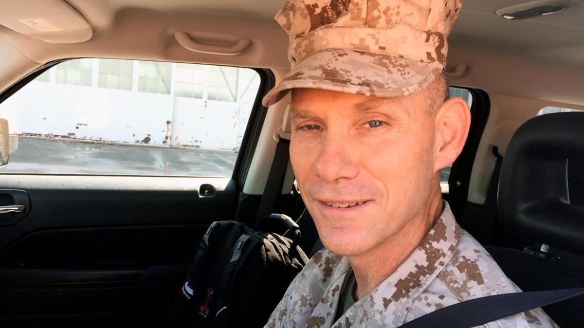 Brig. Gen. John Baker, moments after leaving his trailer, where he was confined for contempt of court, on his way back to work on Nov. 3, 2017. This photo was reviewed and approved for release by a member of the U.S. military.