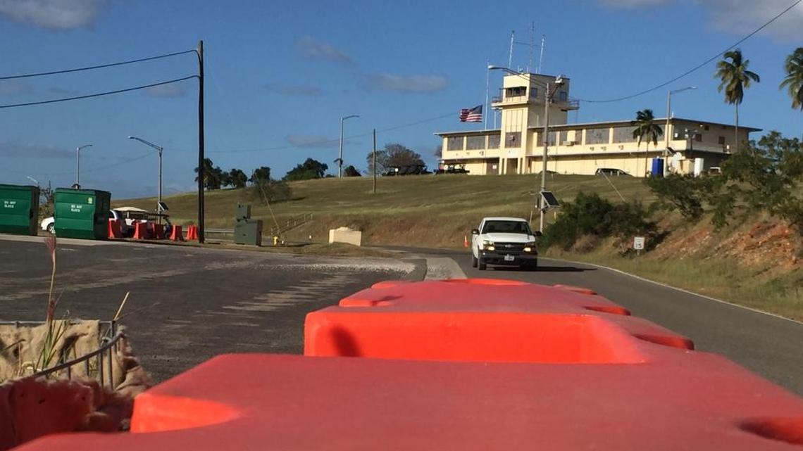 Flags were lowered to half staff Thursday, Feb. 15, 2018, at U.S. Navy base Guantánamo for victims of the Parkland school shooting. Shown here, Camp Justice’s war court headquarters in a U.S. military cleared photo.