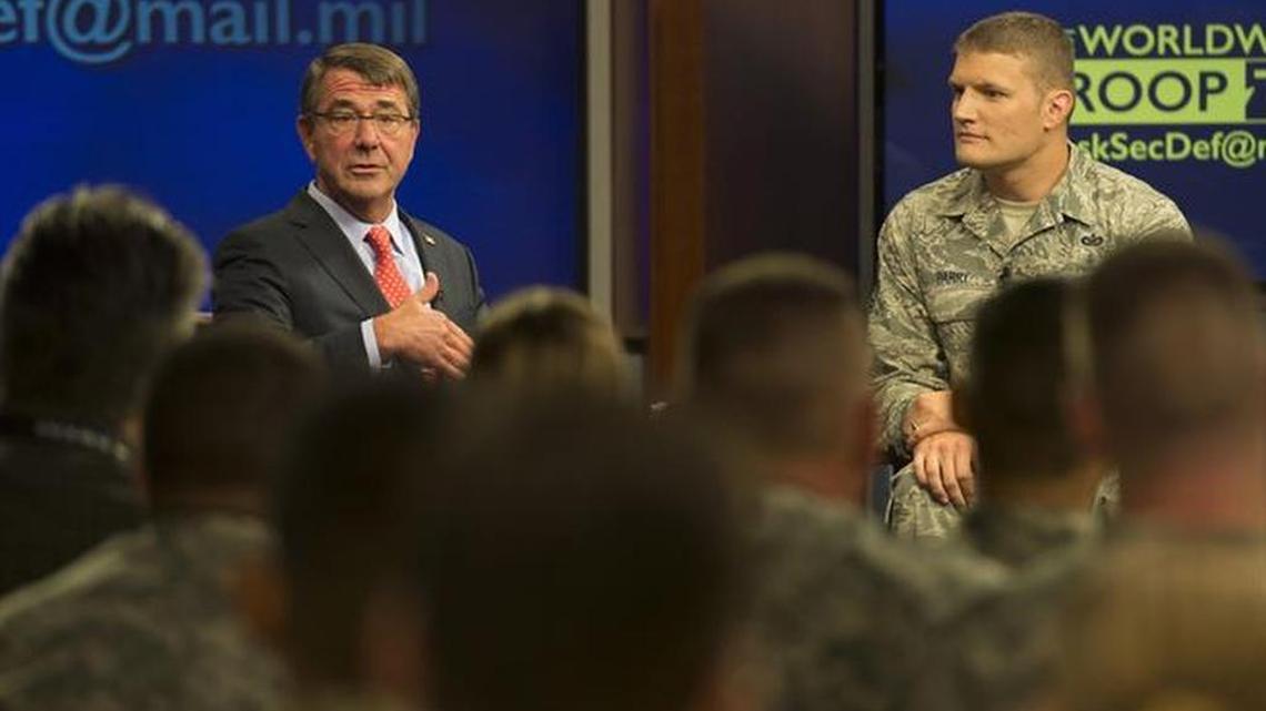 
Secretary of Defense Ash Carter taking questions from troops on twitter, email and video feed in a “Trooptalk” from Fort Meade, Maryland, as shown in this Pentagon handout photo.
