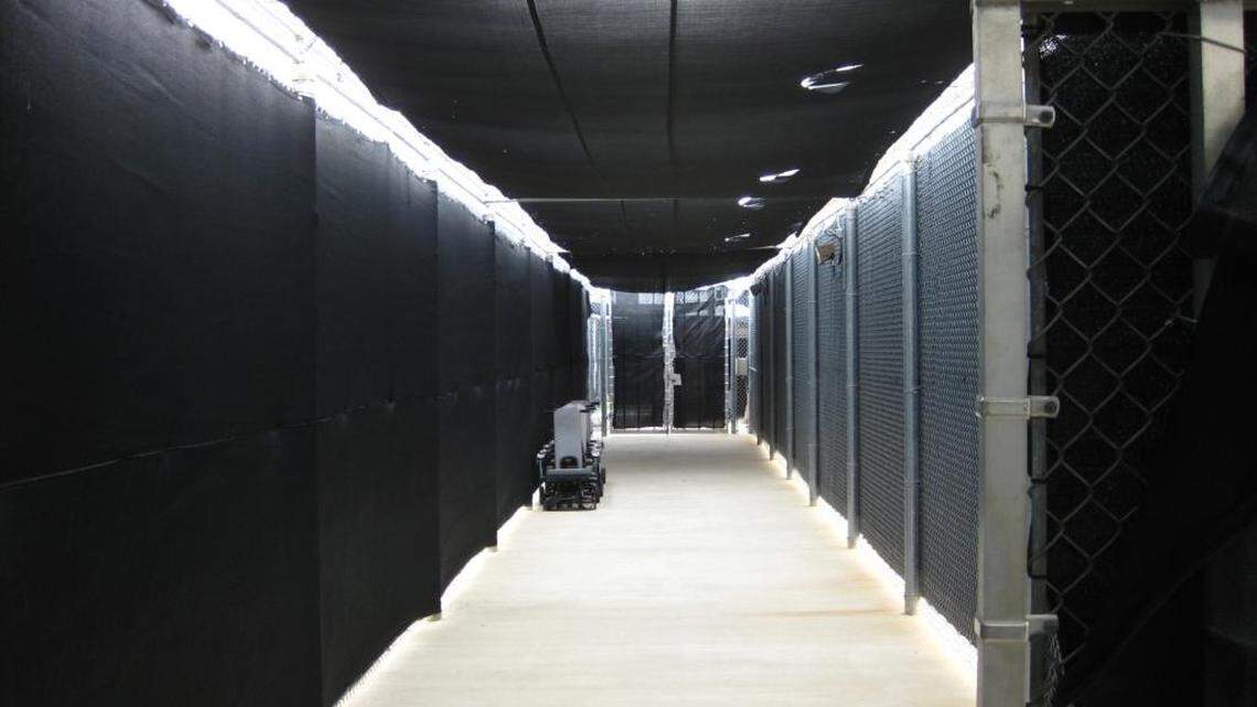 A passageway between the courthouse and the lockup where captives are kept when they come and go from court at the U.S. Navy base at Guantánamo Bay, Cuba, as seen on June 19, 2014.
