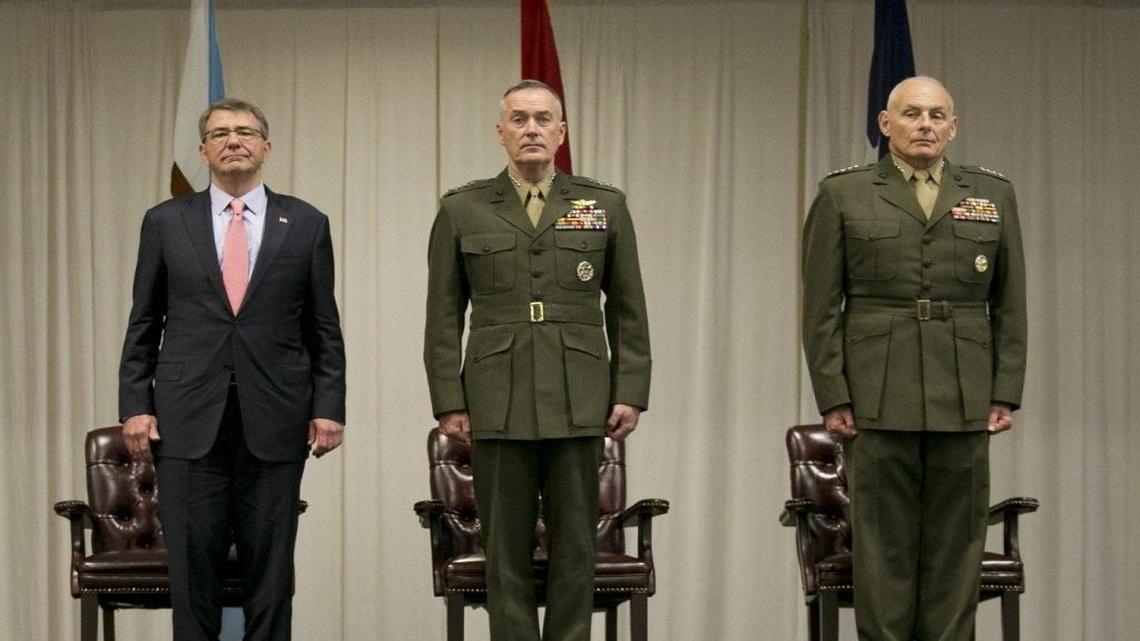 From left, Secretary of Defense Ash Carter; Marine Gen. Joseph Dunford, chairman of the Joints Chiefs of Staff; and now retired Marine Gen. John F. Kelly on a stage at Southcom’s Jan. 14, 2016 Change of Command ceremony that replaced Kelly with Navy Adm. Kurt W. Tidd.