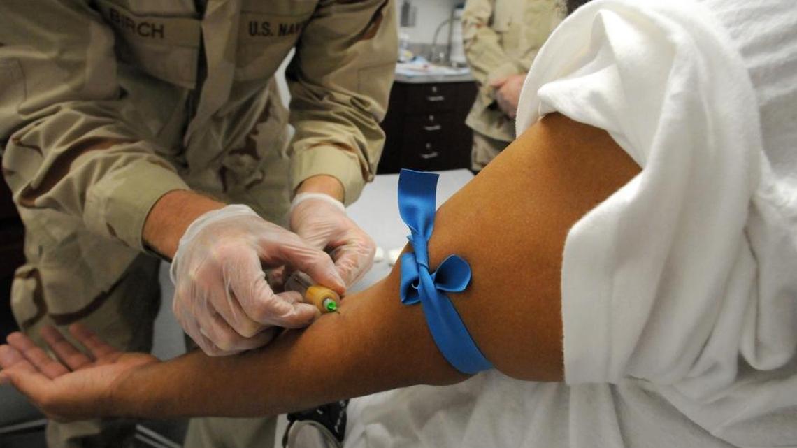 
A Navy hospital corpsman draws blood from a detainee for a cholesterol test on July 9, 2010 in this Pentagon handout photo from the detention center at the U.S. Navy base at Guantánamo Bay, Cuba.
