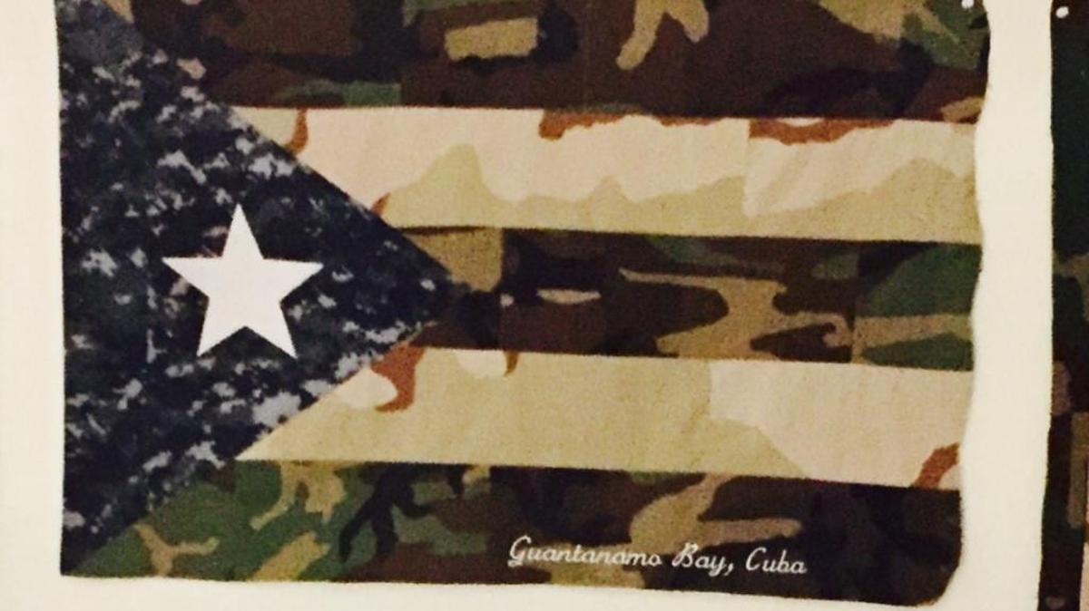A work-in-progress version of a flag crafted from discarded uniforms by Maria Conrad, the wife of a contractor at Guantánamo Bay, Cuba, that was seized by base police on Friday, Nov. 3, 2017.