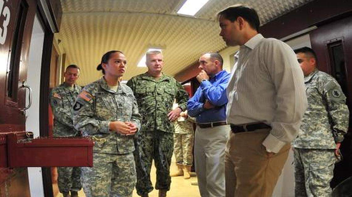 
Florida Sen. Marco Rubio toured the prison camps at Guantánamo May 29, 2012. In this photo, he and a staff member are shown around, from left, by New York Army National Guard Brig. Gen. James Lettko, the deputy prison commander; the Camp 5 commander, an Army captain and Rear Adm. Dave Woods.
