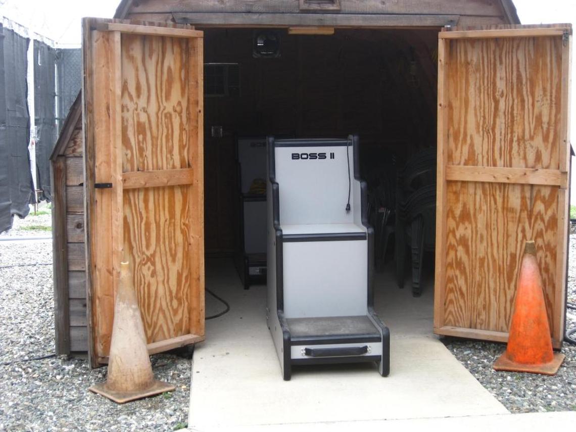 The military has a Body Orifice Security Scanner (BOSS) at the war court compound at Guantánamo that is used to search detainees before court appearances. It can detect metal on or in a captive’s body. The machine was shown to reporters on June 19, 2014. This photo was approved for release by the military.