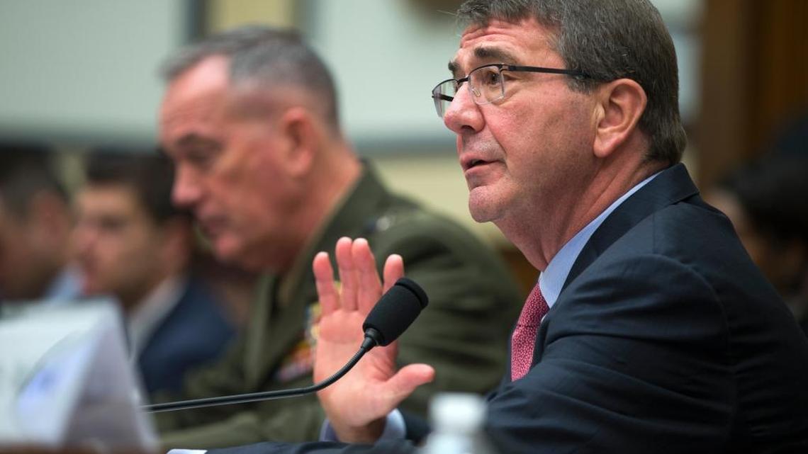 Secretary of Defense Ash Carter and Gen. Joseph Dunford, chairman of the Joint Chiefs of Staff, testifying on Capitol Hill on March 22, 2016.