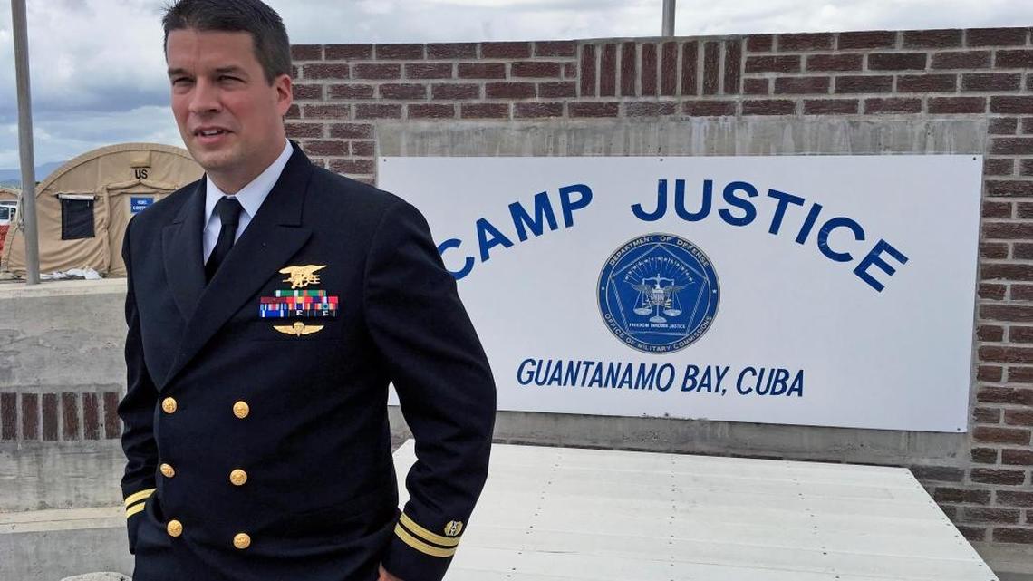 Attorney Navy Lt. Alaric Piette, with his SEAL trident topping his Navy uniform, at the U.S. Navy base at Guantánamo Bay, Cuba, on Nov. 3, 2017 soon after the 2012 Georgetown Law graduate advised the USS Cole case judge that in the absence of an experience death-penalty defender he was unqualified to argue motions or question witnesses in the capital trial of Saudi Abd al Rahim al Nashiri. This photo was reviewed and approved for release by the U.S. military.