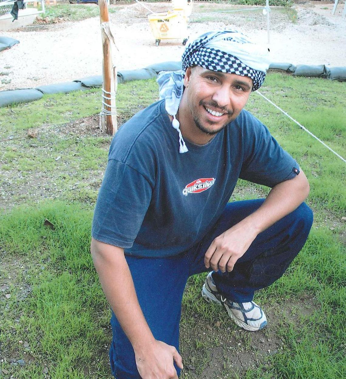 Mohamedou Ould Slahi posing for the International Red Cross at Guantánamo, probably in 2009.