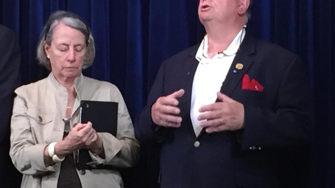 Alison and Jefferson Crowther speaks to reporters on Thursday, July 28, 2016, at Camp Justice, the war court compound at U.S. Navy base Guantánamo. Their son Welles was killed rescuing people in the terrorist attack on the World Trade Center on Sept. 11, 2001.
