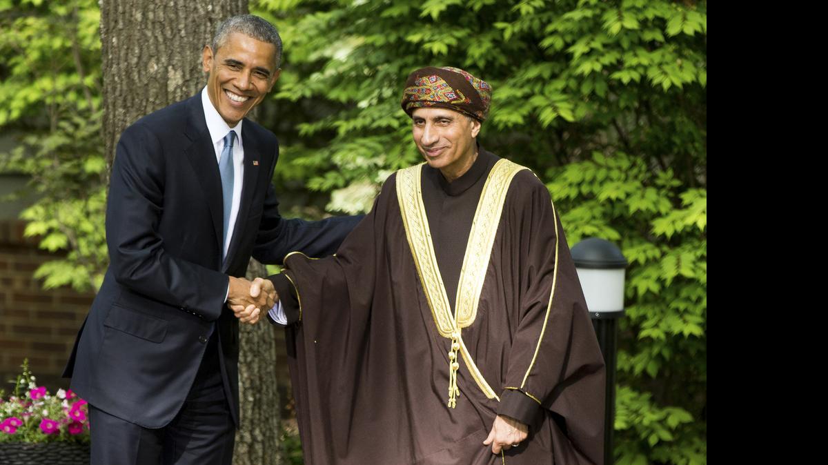 
President Barack Obama shakes hands with Deputy Prime Minister of Oman, Sayyid Fahad Bin Mahmood Al Said after meeting with Gulf Cooperation Council leaders at Camp David in Maryland, May 14, 2015. 
