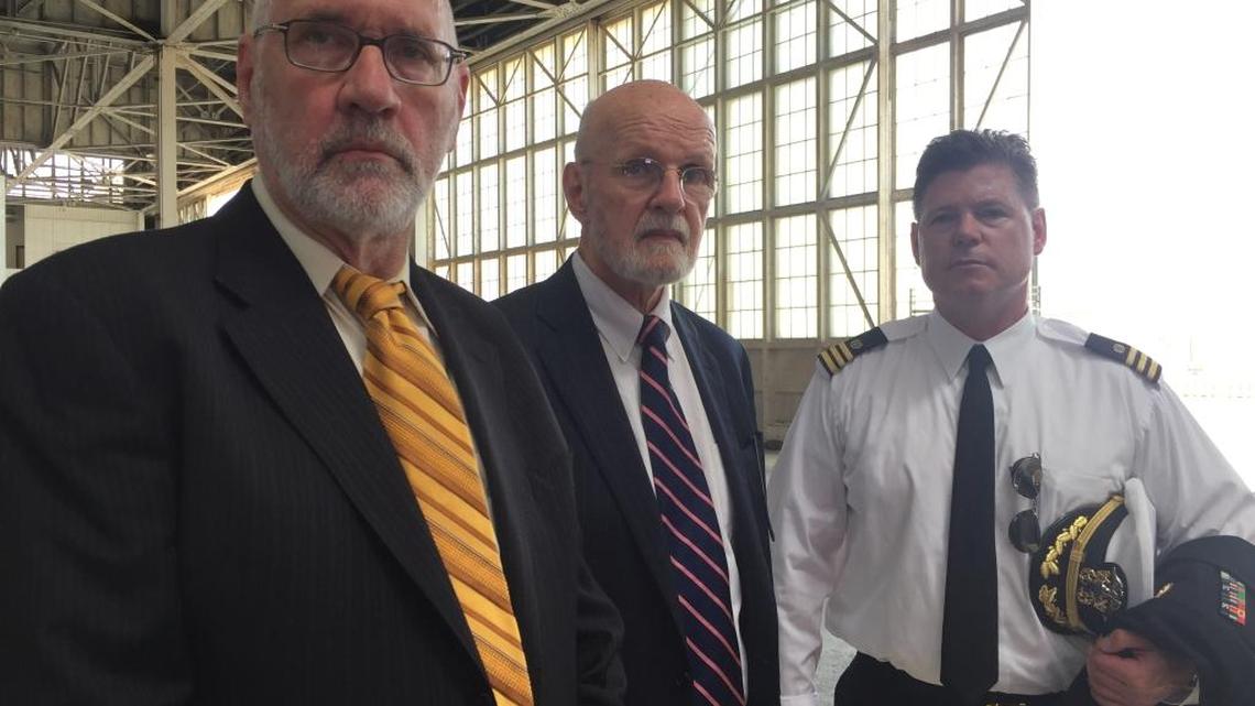 From left, Abu Zubaydah attorneys Mark Denbeaux, Charles Church and Navy Cmdr. Patrick Flor at the Camp Justice war court compound on Friday, May19, 2017 in a photo approved for release by the U.S. military