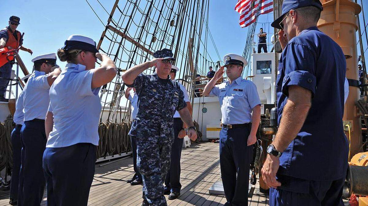 Then-Navy Rear Adm. Kurt Tidd, commander of U.S. Naval Forces Southern Command and U.S. 4th Fleet, boards U.S. Coast Guard cutter barque Eagle before she arrives at Naval Station Mayport, Fla., April 27, 2012.