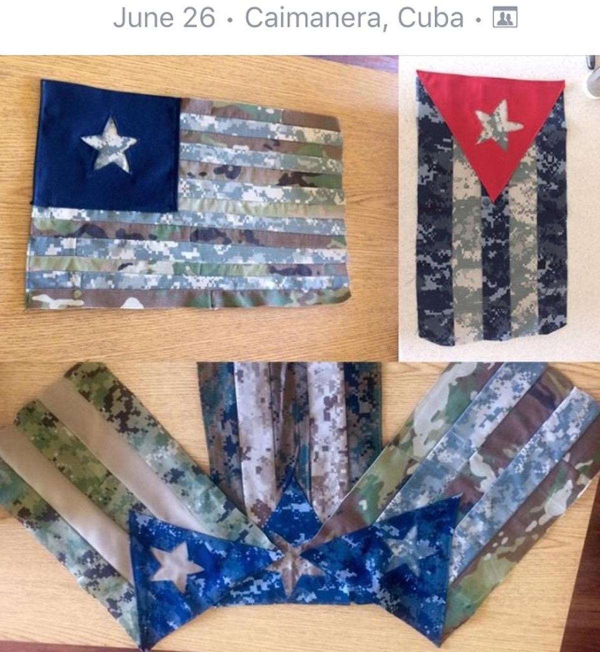 Examples of flags and banners made from cast-off uniforms by Maria Conrad.