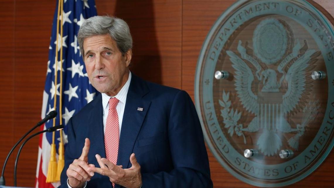 Secretary of State John Kerry speaks at the Washington Passport Agency, July 12, 2016 in Washington.